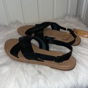 NEW FatFace Evelyn black woven leather flat sandals with heel strap sz 8